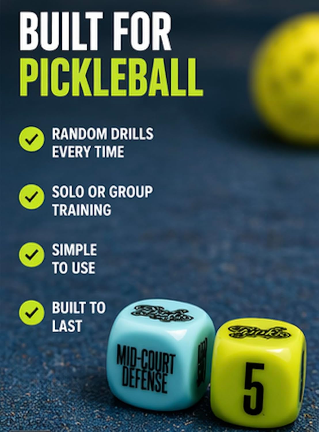 Pickleball drill dice faces close-up showing drill options