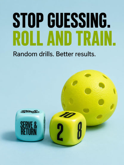 Action and time dice showing pickleball drill combinations