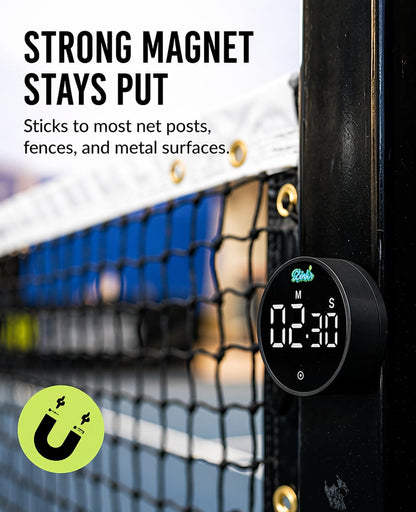 Magnetic pickleball timer attached to a net post during drills