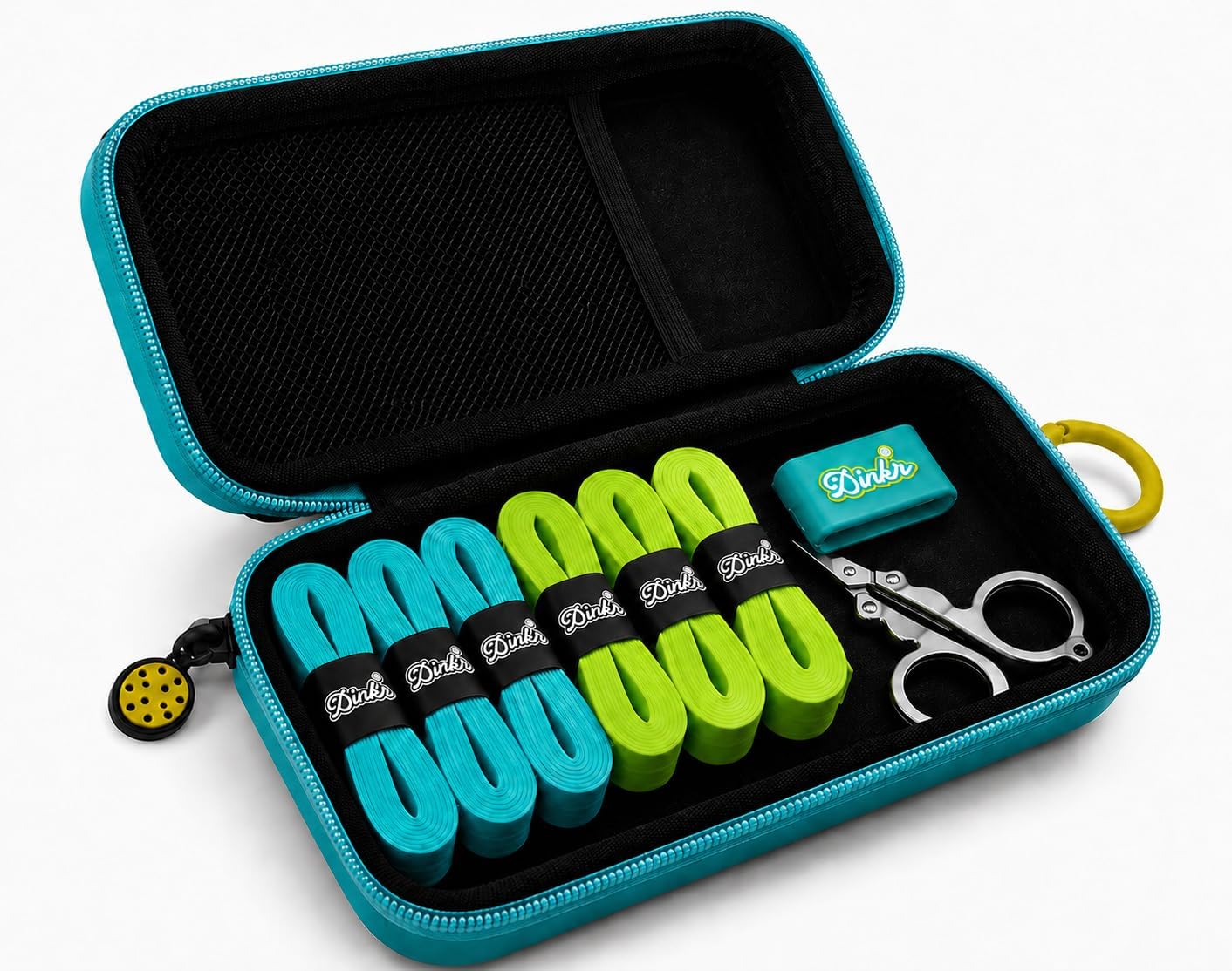 Dink'r Pickleball Grip Kit with 6 overgrips in green and blue, TSA-approved scissors, and paddle band