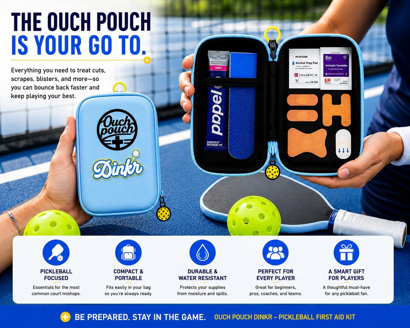 Ouch Pouch first aid kit clipped to a pickleball bag by its carabiner