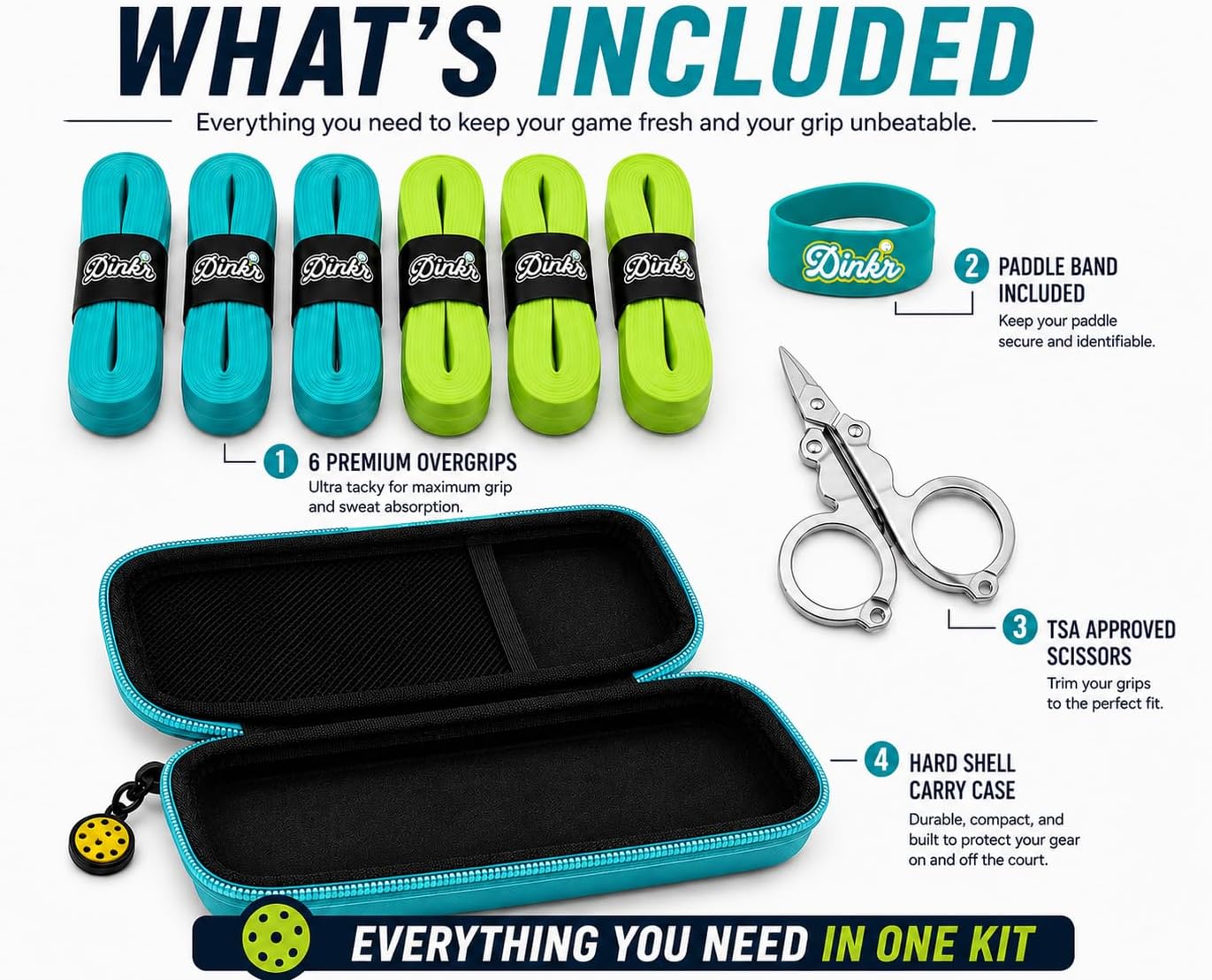 Contents of the Dink'r pickleball grip kit laid out: overgrips, scissors, and paddle band