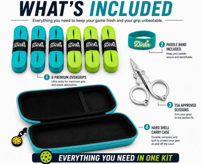 Contents of the Dink'r pickleball grip kit laid out: overgrips, scissors, and paddle band
