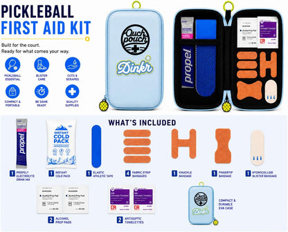 14-piece contents of the Ouch Pouch pickleball first aid kit laid out