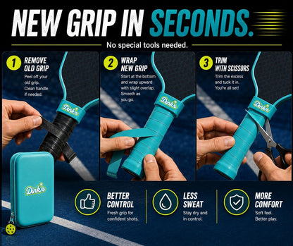 Pickleball overgrip being wrapped onto a paddle handle