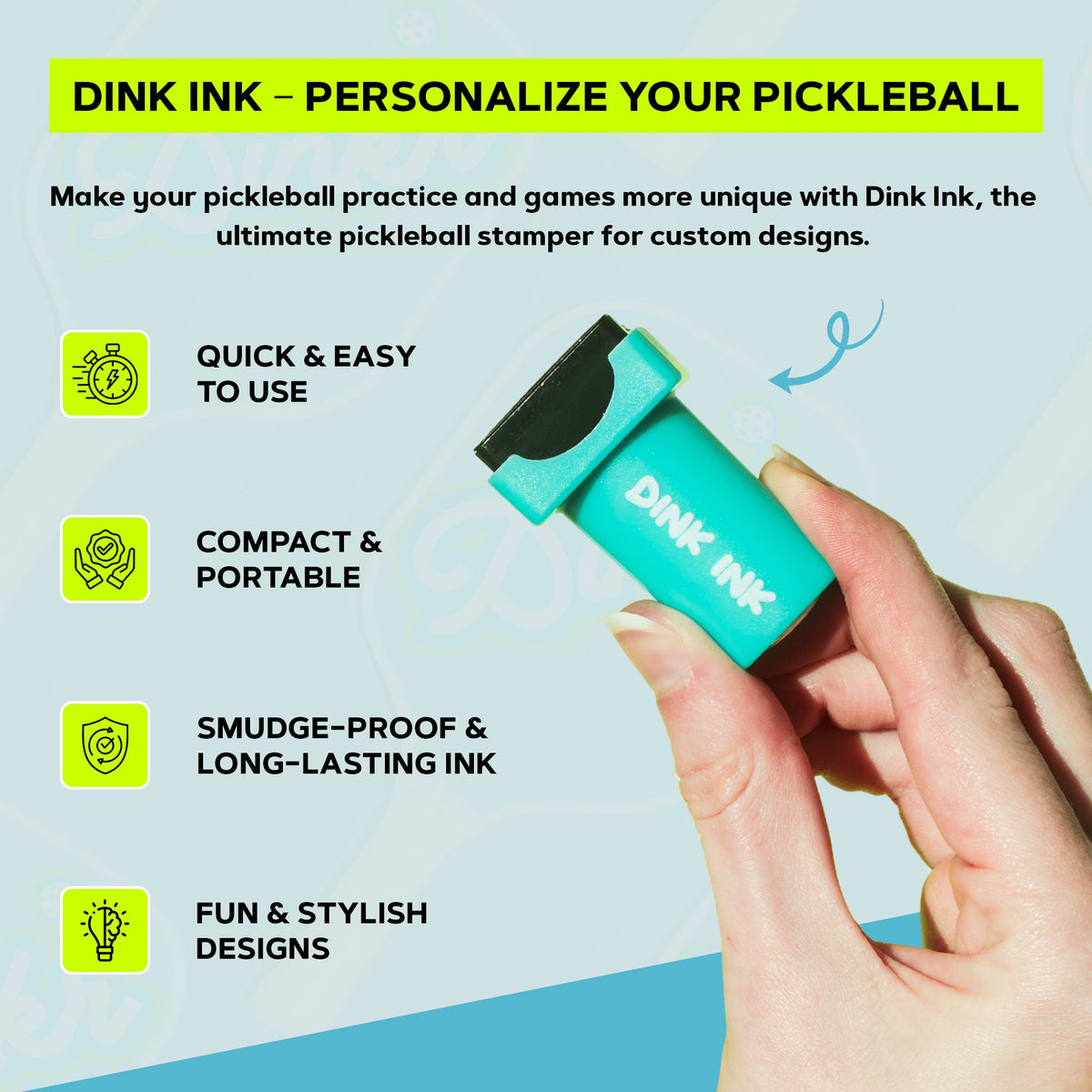 Dink Ink pickleball stamper: quick and easy, compact, smudge-proof ink