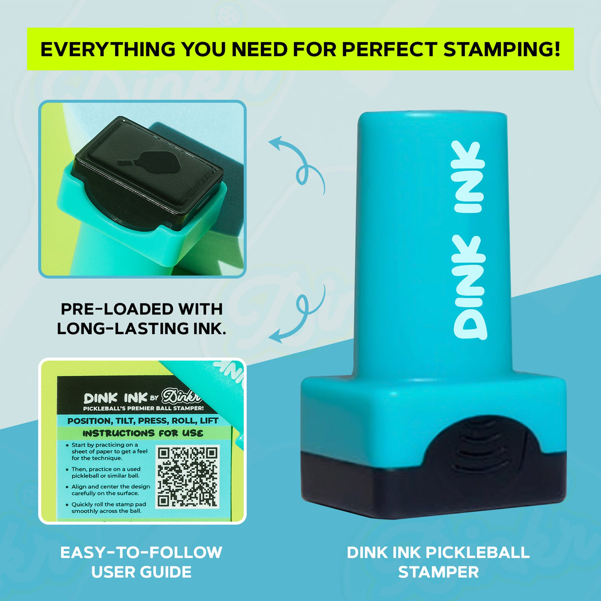 Everything in the box: pre-inked Dink Ink stamper and user guide