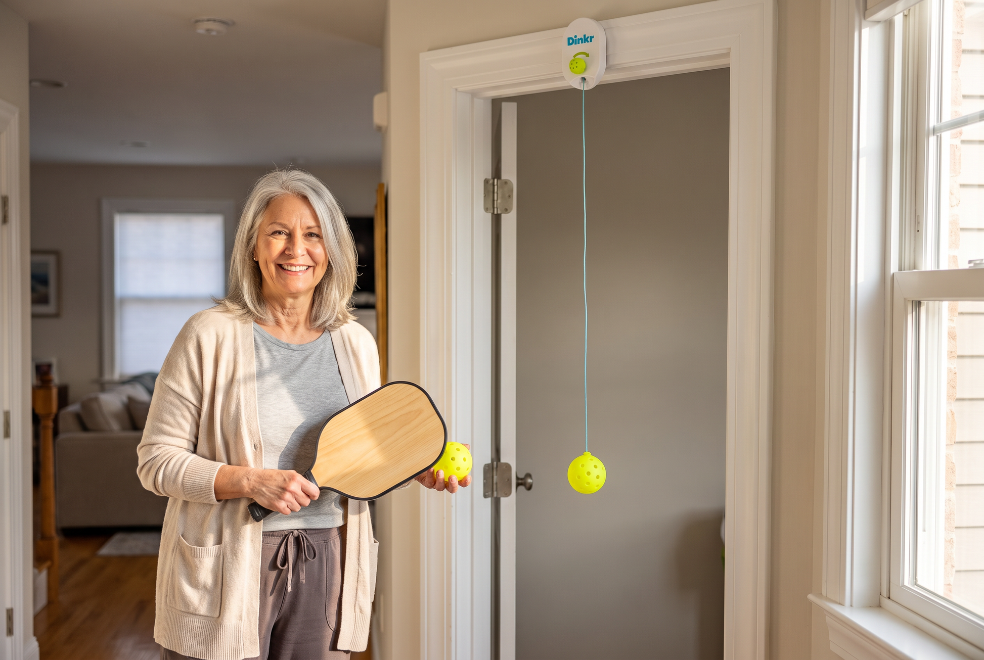 New pickleball player practicing at home with the Dink'r doorway trainer from the 30-Day Court-Ready Kit
