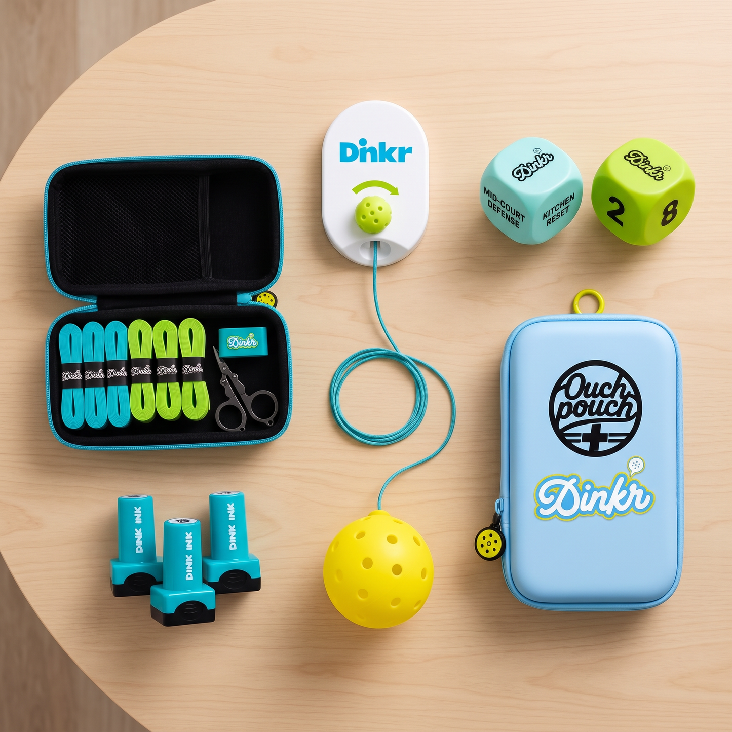 The 30-Day Court-Ready Kit: Dink'r doorway pickleball trainer, Dink Ink stampers, paddle grip kit, Ouch Pouch first aid kit, and drill dice