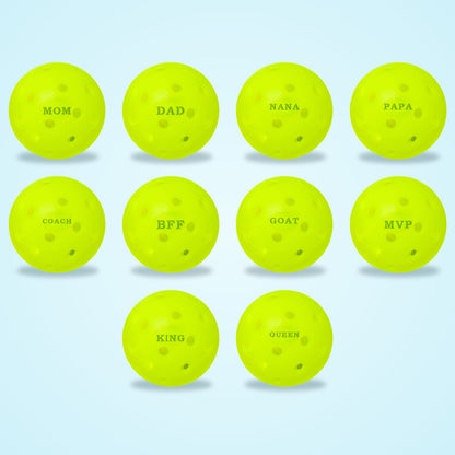 Dink Ink Crew Stamper: MOM, DAD, NANA, PAPA, COACH, BFF, GOAT, MVP, KING, QUEEN stamped on pickleballs