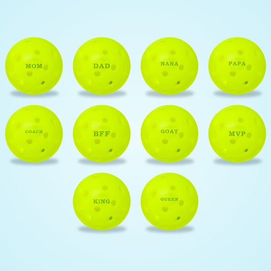 Dink Ink Crew Stamper: MOM, DAD, NANA, PAPA, COACH, BFF, GOAT, MVP, KING, QUEEN stamped on pickleballs