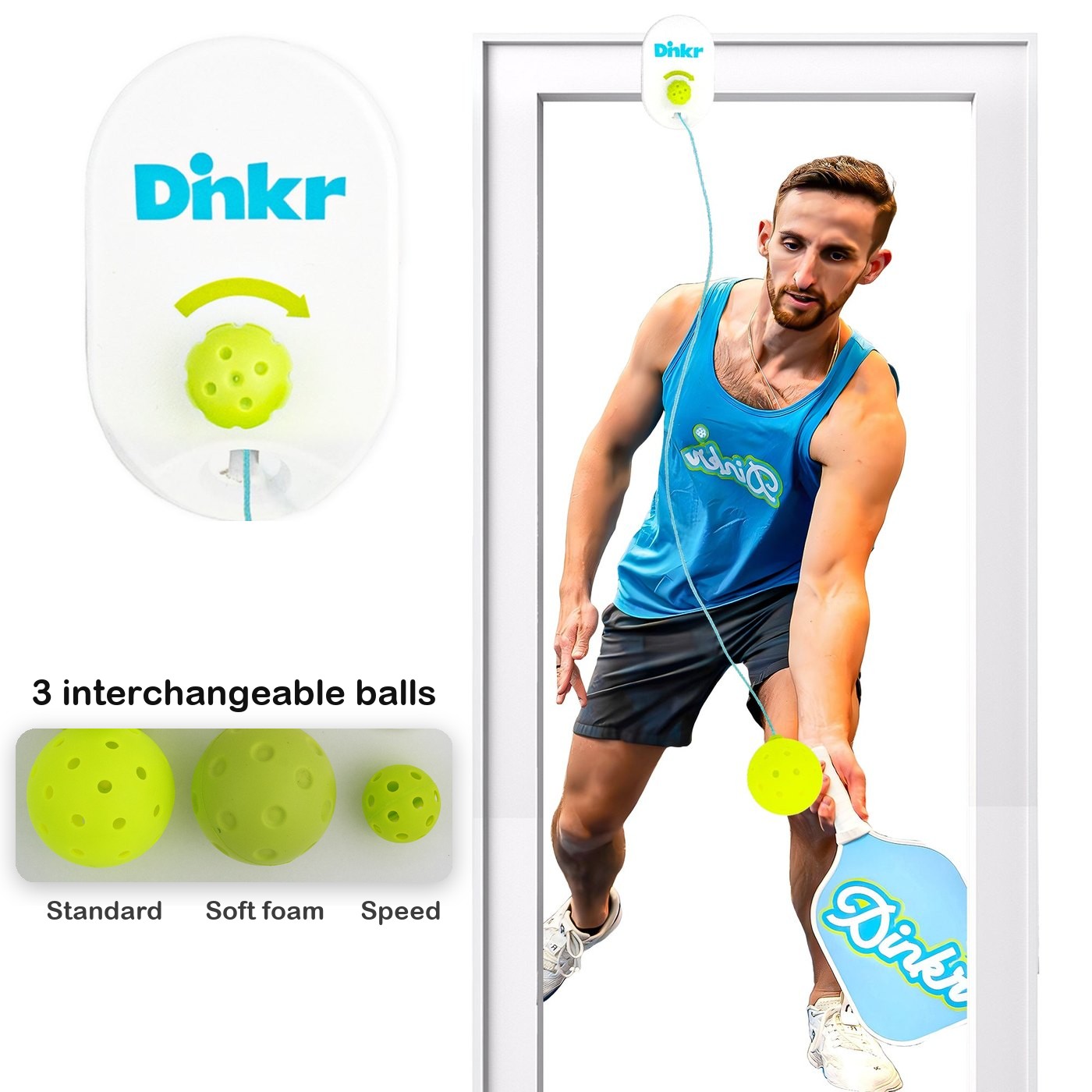 A player practicing with the Dink'r Pickleball Trainer in a doorway, with the mount up close and its three interchangeable balls: standard, soft foam, and speed