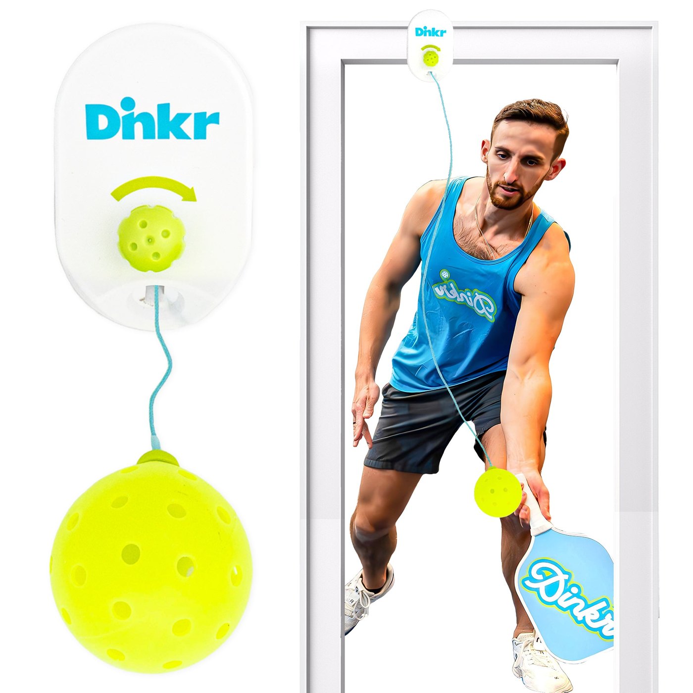 A player hitting a ball on the Dink'r V2 Doorway Trainer, with the V2 mount shown up close